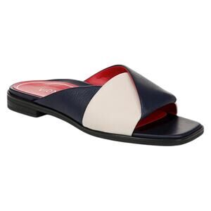 Vionic Miramar Leather Colorblock Flat Slide Sandal Blue Cream Size 7